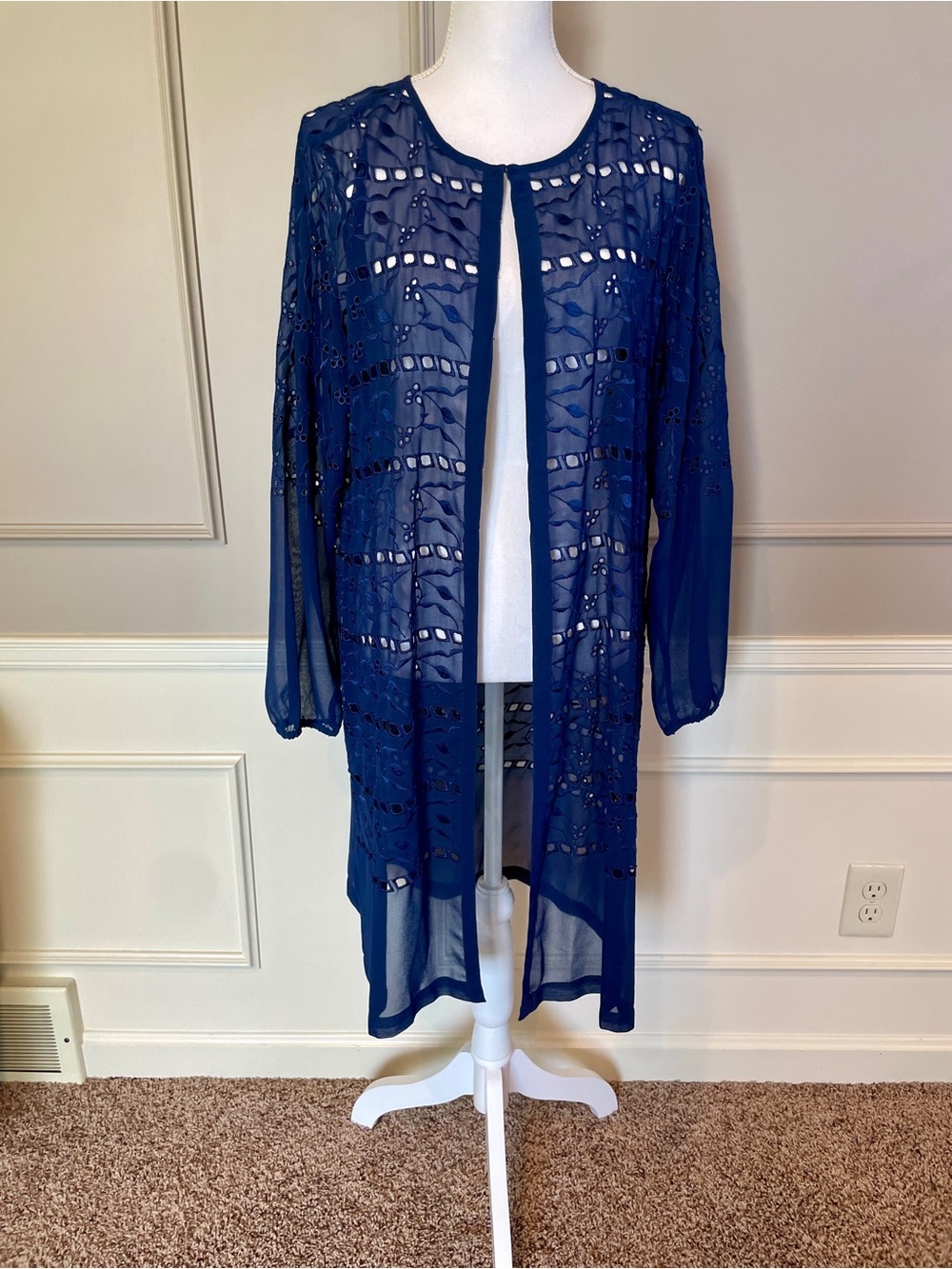 Chico's 2 Duster Cardigan Topper Navy Blue Keyhole Embroidered Lightweight